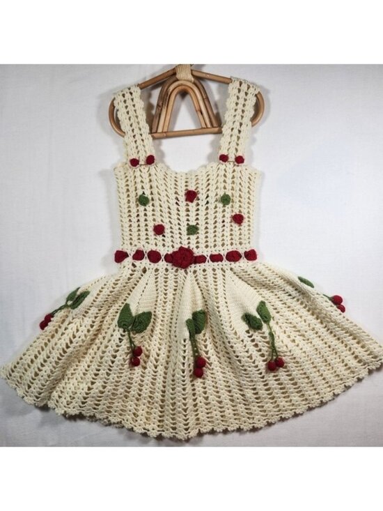 Handmade Dresses & Skirts - Vintage Handmade Crochet Cherry Strawberry Pinafore‎ Dress Cream Girls Small